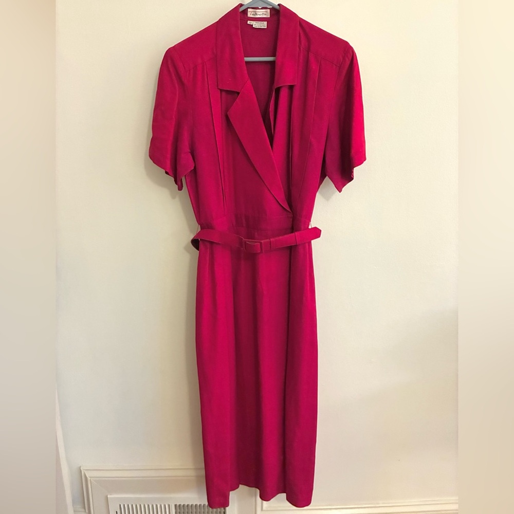 Vintage Talbots Silk Dress, Fuchsia Short-Sleeve Belted Midi Dress, sz 12